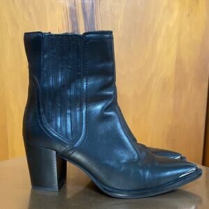 House of Harlow 1960 Black Leather Boots 3” Heels Metal Pointed Toe Inner Zip